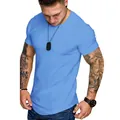 Slim fit men's light blue crew neck short sleeve t-shirt with curved hem for summer. - Light Blue