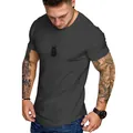Close-up of a muscular man wearing a slim-fit dark grey crew neck athletic T-shirt. - Dark Gray