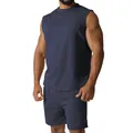 Detail view of men's navy blue sleeveless athletic set featuring top and shorts - Navy Blue