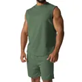 Casual men's olive green sleeveless workout set with tank top and athletic shorts - M / Top And Bottom / Army Green