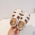 Comfortable white woven closed-toe baby sandals with soft soles for summer toddlers - 16 / White