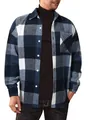 Close-up detail of a men's blue and white plaid flannel long-sleeved shirt with buttons - Blue