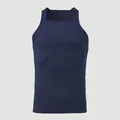Close-up of navy blue men's tight tank top with square neck and ribbed texture - Navy Blue