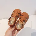 Brown woven closed-toe toddler sandals with soft soles and velcro straps for summer - 16 / Yellow