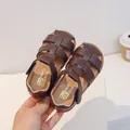 Dark brown braided closed-toe toddler sandals featuring soft anti-slip sole for summer - 21 / Brown
