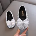 Shiny silver glittery girls princess flat shoes featuring a large white mesh bow and pearls - 21 / Silver