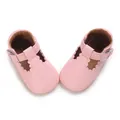 Top view detail of pink infant walker shoes with scalloped edges and T-strap buckle - Inner Length 11cm / Pink