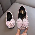 Elegant sparkly pink girls princess shoes with rhinestones and ribbon bow for parties - 21 / Pink