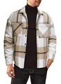 Close-up detail of a men's plaid flannel shirt featuring a lapel collar and double pockets - S / Tops / Khaki