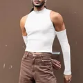 Men's white ribbed mock neck T-shirt with cut-out shoulders and detached sleeves - White