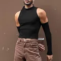 Men's black ribbed slim fit cold shoulder turtleneck t-shirt with detachable long sleeves - Black