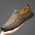 Mocasines informales de cuero marrón para hombre, suela blanda y antideslizante - Caqui