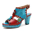Vintage red and blue handmade leather sandals with hollow design and floral patterns - 36 / Blue