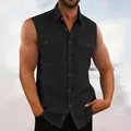 Black sleeveless cotton linen shirt for men featuring a lapel collar and chest pockets - Black