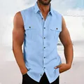 Light blue sleeveless cotton linen shirt for men with chest pockets and collar detail - Blue