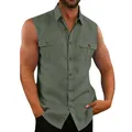 Front view of a men's green sleeveless cotton linen shirt showing pockets and buttons - Green