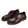 Detailed view of handmade men's brown leather Derby shoes with cap-toe and thick sole - 38 / Dark Brown