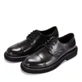 Detailed macro view of black genuine leather Derby shoes featuring a classic cap toe design - 38 / Black
