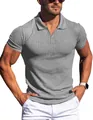 Detail view of men's grey vertical striped V-neck polo shirt showing fabric texture and fit - Light Gray