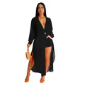 Vista completa de conjunto de playa de camisa larga de gasa negra y pantalones cortos. - S / Top Y Pantalón / Negro