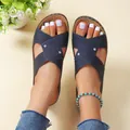 Top view close-up of stylish navy blue laser-cut wedge sandals with elegant cross-strap design - 35 / Dark Blue