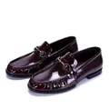 Detailed view of shiny burgundy patent leather men's horsebit loafers with metallic buckle. - 38 / Horsebit Patent Loafers (A3551-1) / Chestnut