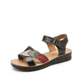 Comfortable black genuine leather sandals with colorful leaf design and soft wedge sole - 36 / Black