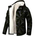 Close-up view of men's hooded jacket showing the warm fleece lining and 3D geometric print - 3XL / Tops / 3D Blue
