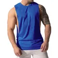 Close-up detail of men's muscle tank top in royal blue with wide side slits. - S / Tops / Sapphire Blue