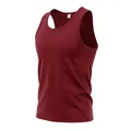 Detailed 45-degree angle view of a men's burgundy cotton sleeveless tank top shirt. - Burgundy