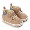 Toddler high-top walking shoes featuring tan faux leather and striped collar for 0-1 years - Apricot