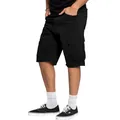 Side view detail of men's loose fit black cargo shorts with utility flap pockets - S / Bottoms / Black