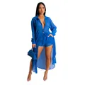 Conjunto sexy de playa de dos piezas con camisa larga de gasa azul transparente y shorts - XL / Top Y Pantalón / Azul real