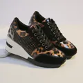 Side view of leopard print wedge sneakers with black mesh detail and white platform - 35 / Leopard Print