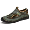 Men's outdoor breathable mesh sandals with handmade stitched soles in green and brown. - 38 / Green