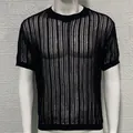 Gros plan de la texture en maille ajourée à rayures verticales noires sur pull homme - Noir