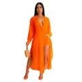 Vista de cuerpo completo de una modelo con un conjunto de playa de gasa naranja vibrante - S / Top Y Pantalón / Naranja