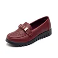Burgundy breathable leather loafers for women with gold trim and soft black sole - 38 / Wine Red (Hollow Style)