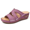 Sandalias de cuña moradas con bordados florales intrincados y pespuntes decorativos - 35 / Púrpura