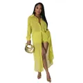 Elegante conjunto sexy de dos piezas con camisa de gasa transparente y shorts verde lima - S / Top Y Pantalón / Verde amarillento