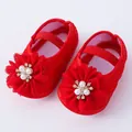 Detail view of red newborn baby princess shoes with large flower and pearl accent - Size 12 (Inner Length 11.0cm) / Red