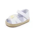 Detailansicht der weißen Baby-Prinzessinenschuhe mit zarter Stoffblumendekoration - Weiß