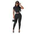 Sexy black ribbed two-piece women's sportswear set with round neck crop top and leggings - S / Top And Bottom / Black