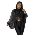 Elegante camicetta in chiffon nero trasparente con maniche a pipistrello e collo alto con fiocco - Taglia S / Top / Nero