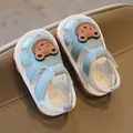 Light blue baby learning sandals featuring a cute brown bear patch and soft white sole - Size 19 (Inner Length 13cm) / Cyan