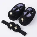 Lindo conjunto de zapatos de flores negras y diadema para bebé con suela blanda. - Talla 12 (Longitud Interior 11cm) / Set de Flor Individual / Negro