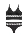Two-piece black hollow-out mesh lingerie set featuring ribbed bra and matching thong - M / Top And Bottom / Black