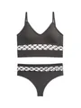 Two-piece dark grey ribbed lingerie set featuring hollow-out mesh details and wireless bra - M / Top And Bottom / Gray