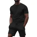 Casual men's black short sleeve t-shirt and drawstring shorts two-piece sports set - M / Top And Bottom / Black