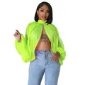Top in rete trasparente verde neon vibrante con collo alto ed eleganti maniche a pipistrello - Taglia S / Top / Verde fluorescente